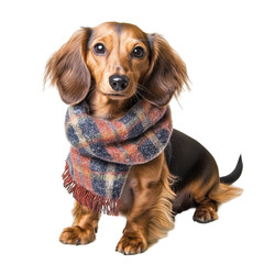 A dachshund wearing a cozy plaid scarf, isolated, cut out.