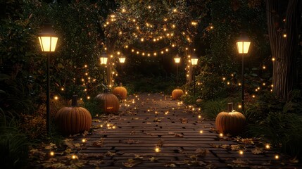 Wall Mural - a walkway with lights and pumpkins on it