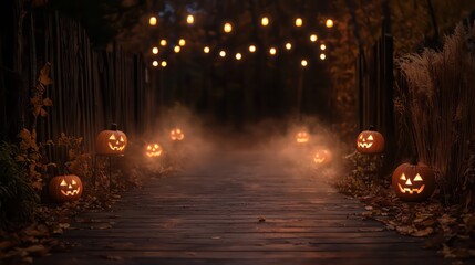 Wall Mural - a path with a wooden bridge and a trail of pumpkins. the pumpkins are lit up and there is a misty fo