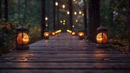 Wall Mural - a walkway with lanterns lit up in the woods