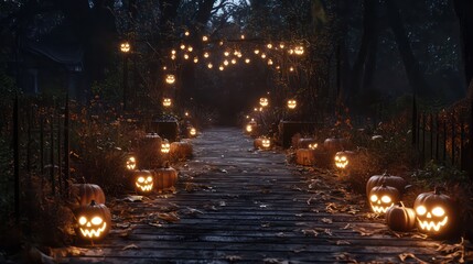 Wall Mural - a walkway is lit up with pumpkins and lanterns, creating a spooky atmosphere. the pumpkins are arran