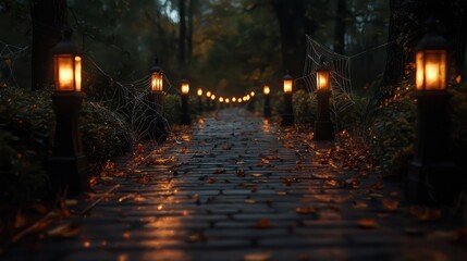 Aufkleber - A dark, wooded path with lanterns lit along the way. Scene is eerie and mysterious