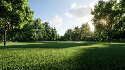 Aufkleber - A large, lush green field with trees in the background. The sky is blue and the sun is shining, creating a peaceful and serene atmosphere