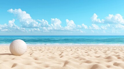 Aufkleber - A beach ball is sitting on the sand near the ocean. The sky is blue and there are clouds in the background