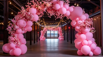 Wall Mural - A pink archway made of balloons is in a large room. The room is dimly lit, giving it a romantic and elegant atmosphere