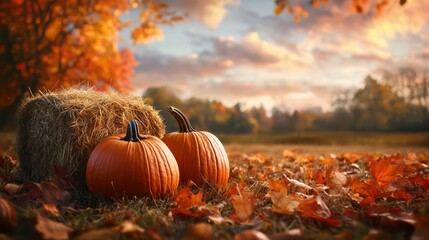 Two pumpkins are sitting on the ground next to a hay bale. The scene is set in a field with autumn leaves scattered around