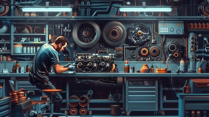 Poster - A mechanic is conducting a computer diagnosis on a vehicle while working on engine repairs in a modern automotive workshop. Generative AI