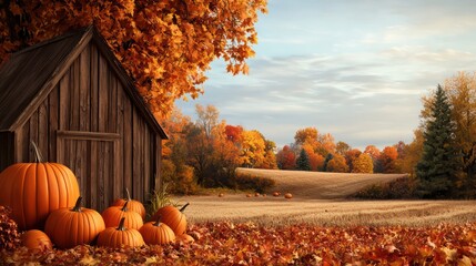 Aufkleber - A barn with pumpkins on the front and a field of pumpkins in the background. Scene is warm and inviting, with the autumn colors of the pumpkins and the rustic charm of the barn