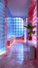 Wall Mural - Contemporary interior with vibrant pink and blue glass blocks and a modern plant accent. Y2K aesthetics with neon lighting and stylish decor.