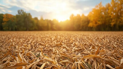 Poster - A field of dry leaves with a bright sun in the background. The sun is shining on the leaves, making them look golden and warm. The scene is peaceful and serene
