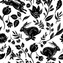 Wall Mural - hare and flowers, vintage monochrome vector drawing, engraving style,
