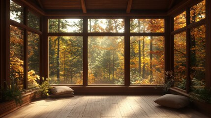 Aufkleber - A large room with a view of trees and a window. The room is empty and has a peaceful, calming atmosphere