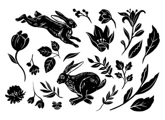 Wall Mural - hare and flowers, vintage monochrome vector drawing, engraving style,