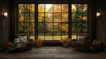 A room with two brown chairs and a window with trees outside