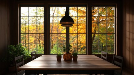 Poster - A table with three windows in the background and a lamp on the table. The table is surrounded by chairs and potted plants. Scene is warm and inviting, with the natural light from the windows