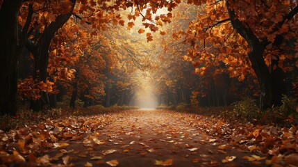 Aufkleber - A path through a forest with leaves on the ground. The leaves are orange and the path is covered in them