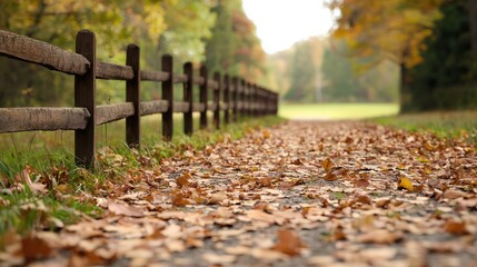 Aufkleber - A fence with a path in front of it. The path is covered in leaves