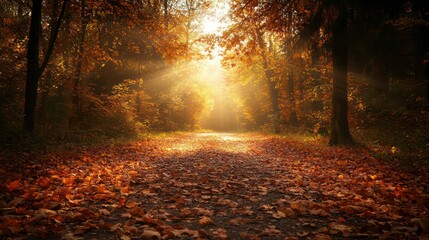 Poster - A path through a forest with leaves on the ground. The leaves are orange and the sun is shining through the trees