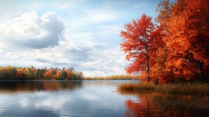 Aufkleber - A beautiful autumn day with a lake and trees in the background. The water is calm and the trees are full of red leaves