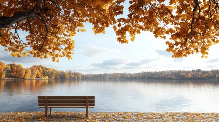 Aufkleber - A bench is sitting on the shore of a lake, with trees in the background. The scene is peaceful and serene, with the water reflecting the trees and the sky