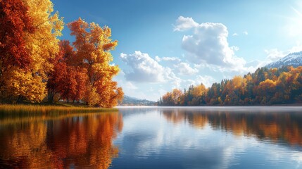 Aufkleber - A beautiful autumn day with a lake in the background. The trees are full of leaves and the sky is cloudy