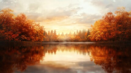 Aufkleber - A beautiful autumn scene with a lake and trees. The water is calm and the sky is orange and pink