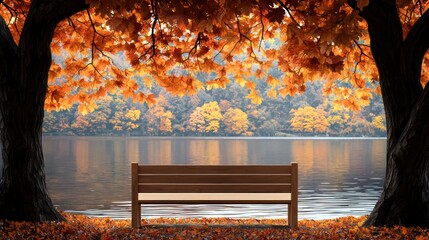 Aufkleber - A bench is sitting in front of a lake with trees in the background. The bench is empty and the trees are full of leaves. The scene is peaceful and serene, with the water reflecting the trees