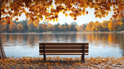Aufkleber - A bench is sitting on a wooden boardwalk next to a lake. The bench is empty and the leaves on the ground are orange. The scene is peaceful and serene, with the water reflecting the trees and the sky