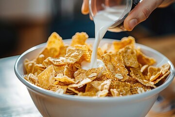 Wall Mural - A person pouring cereal with milk into a bowl