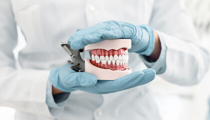 Orthodontology and prosthetics concept. Hands of male dentist wearing blue gloves holding plastic jaw model, close up, panorama with copy space