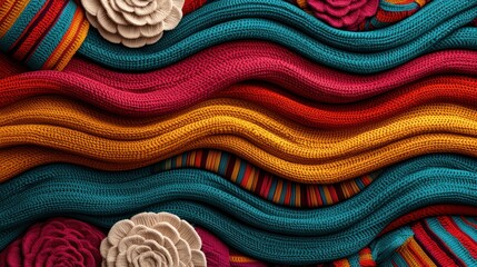 Leinwandbilder - A colorful piece of fabric with a flower pattern and a wave design. The colors are bright and vibrant, creating a cheerful and lively mood. The wave design adds a sense of movement