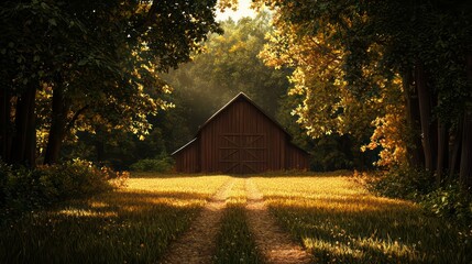 Aufkleber - A rustic barn sits in a field of tall grass. The barn is surrounded by trees and the sun is shining through the leaves. The scene is peaceful and serene
