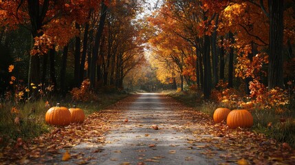 Aufkleber - A road lined with trees and pumpkins. The pumpkins are scattered along the road, creating a festive atmosphere