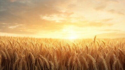Poster - A field of golden wheat with a bright sun in the background. The sun is setting, casting a warm glow over the field. The scene is peaceful and serene, with the wheat swaying gently in the breeze