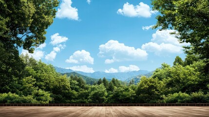 Aufkleber - A beautiful view of a forest with a clear blue sky. The sky is dotted with clouds, and the trees are lush and green. The scene is peaceful and serene, with a sense of calm and tranquility