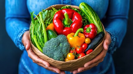 A vibrant bowl of fresh vegetables held by a person, showcasing healthy eating and the beauty of organic produce.