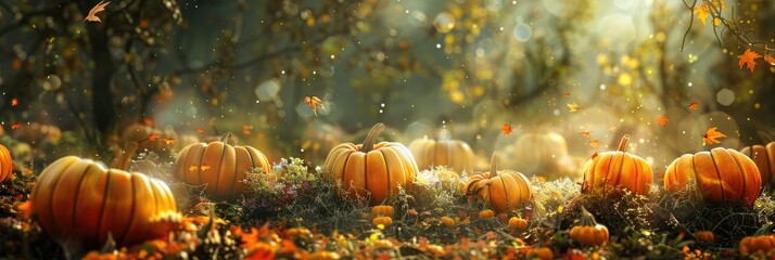 Poster - Pumpkins prepared for harvest in a Halloween-themed garden