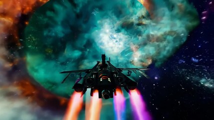 Space ship flying through the galaxy, future technology and sci-fi concept