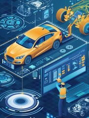 Aufkleber - A mechanic conducts a computer diagnosis of a car while working on its engine repair in a well-equipped workshop. Generative AI