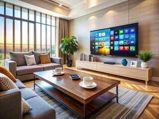 Modern living room with large screen TV displaying various channels and program guides on screen, remote control on coffee table, cozy atmosphere.