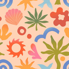 Wall Mural - vector summer nature artistic seamless pattern with hand drawn palm,sun,coral,seashell,wave.trendy d