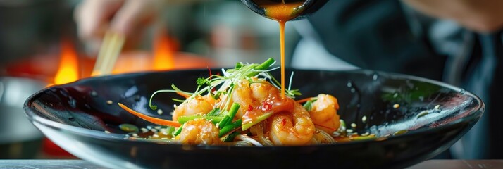 Sticker - Close-up of an elegant black bowl featuring tempura shrimp and vegetables, adorned with a drizzle of sweet and sour sauce by the chef.