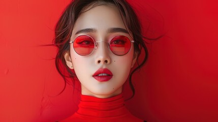 Wall Mural - A Stylish Korean Woman Rocking Red Sunglasses and Posing Against a Vibrant Red Background 