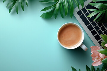 Simple, clean workspace with a laptop and a cup of coffee