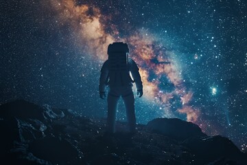 An astronaut stands on a rocky surface, gazing at a vibrant galaxy filled with stars.