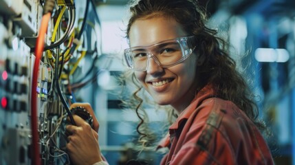 Canvas Print - A woman in safety glasses tinkers with a machine