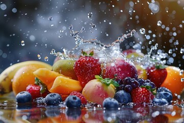 A colorful pile of fresh fruit with water splashing on top