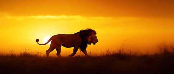 Wall Mural - Silhouette of a Majestic Lion at Sunset