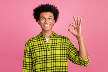 Wall Mural - Portrait of nice young man show okey symbol wear shirt isolated on pink color background