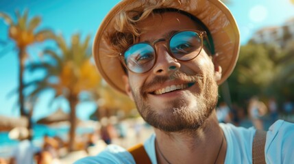 A man wearing a hat and sunglasses enjoying the sun and sea